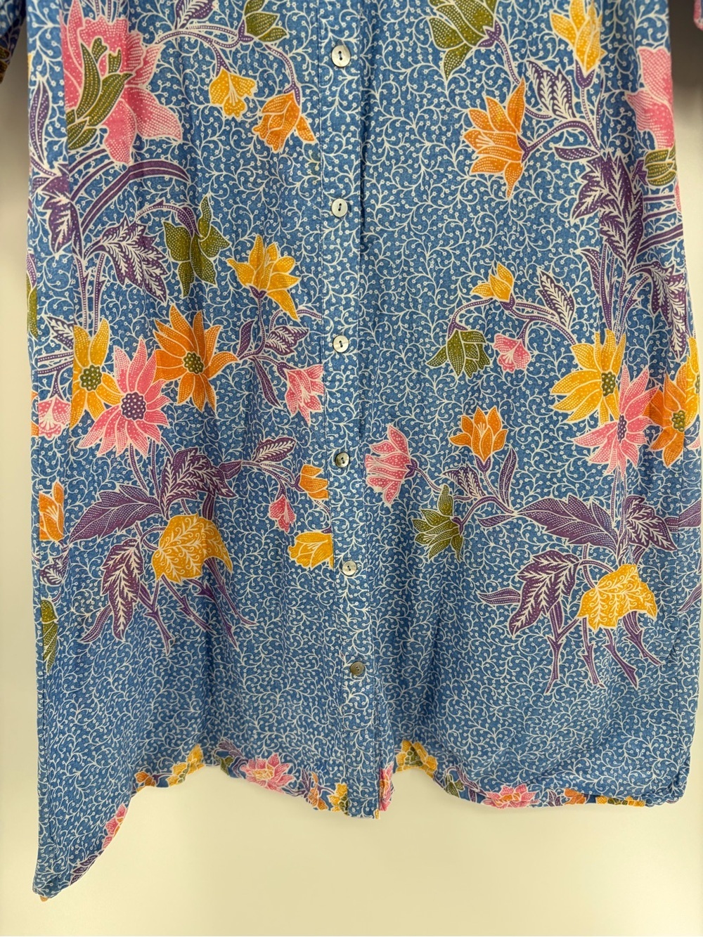 V.DE.VINSTER Floral Button Front Shirt Dress Blue Pink Boho Puff Sleeve Medium - Picture 4 of 12